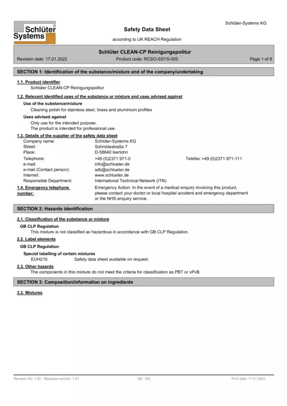 Schlüter-CLEAN-CP - Safety data sheet