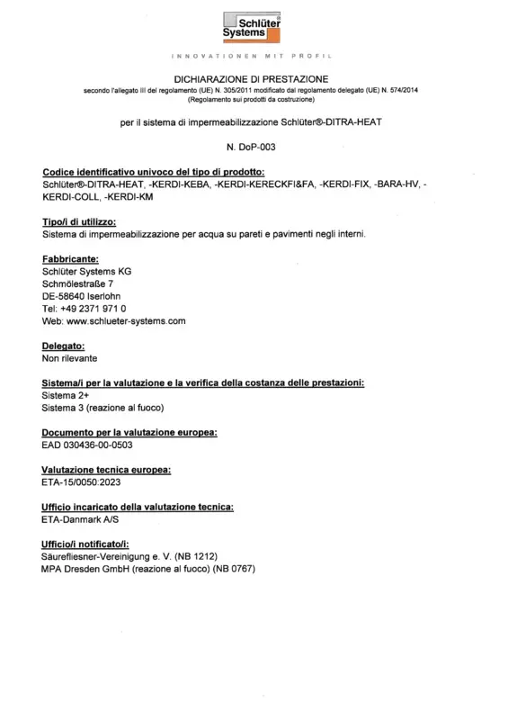 Schlüter-DITRA-HEAT - Dichiarazione di Prestazione