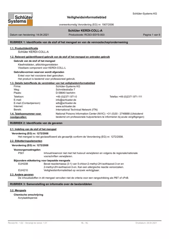 Schlüter-KERDI-COLL-A - Veiligheidsinformatieblad