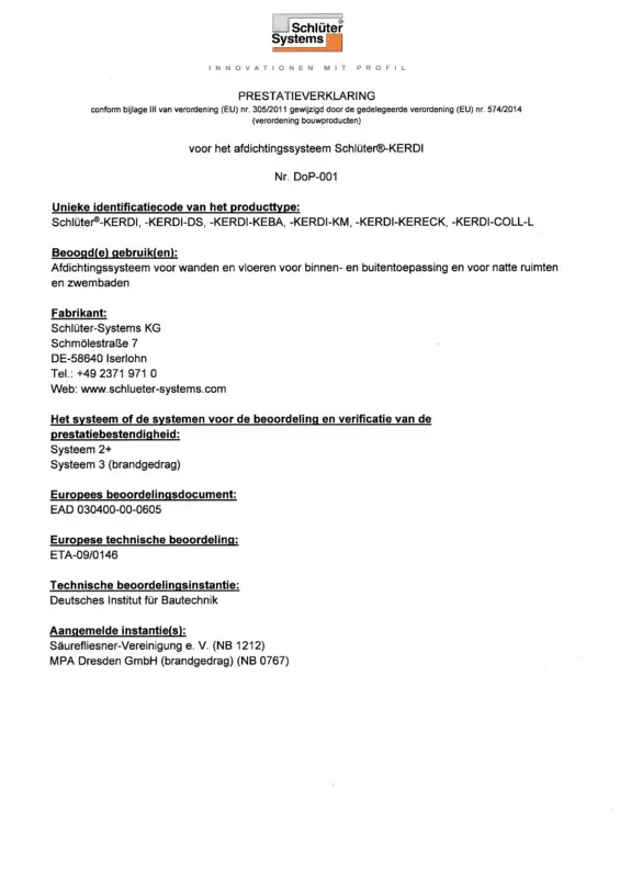 Schlüter-KERDI - Prestatieverklaring