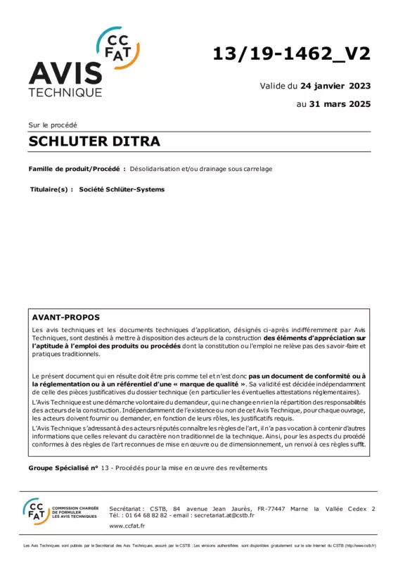 Schlüter-DITRA - Avis Technique 13/19-1462_V2 (janvier 2023)