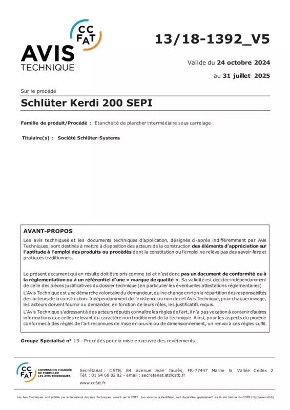 Schlüter-KERDI 200 SEPI - Avis Technique 13/18-1392_V5 (octobre 2024)