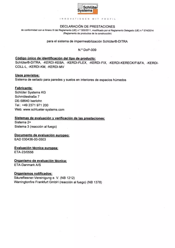 Schlüter-DITRA DoP-009 - Declaración de prestaciones