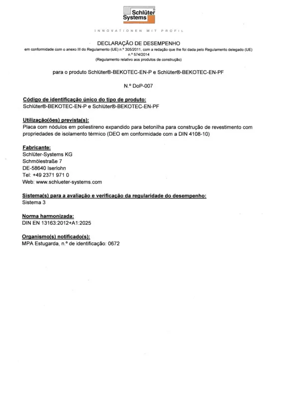Schlüter-BEKOTEC-EN-P /-EN-PF DoP-007 – Declaração de Desempenho