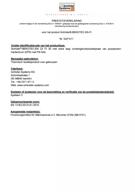Schlüter-BEKOTEC-EN-FI DoP-011 – Prestatieverklaring