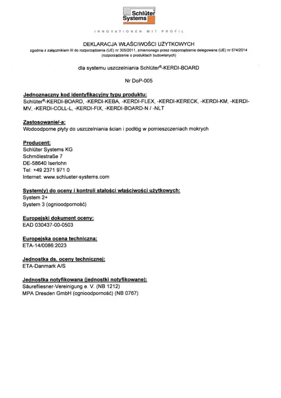 Schlüter-KERDI-BOARD - Deklaracja właściwości użytkowych