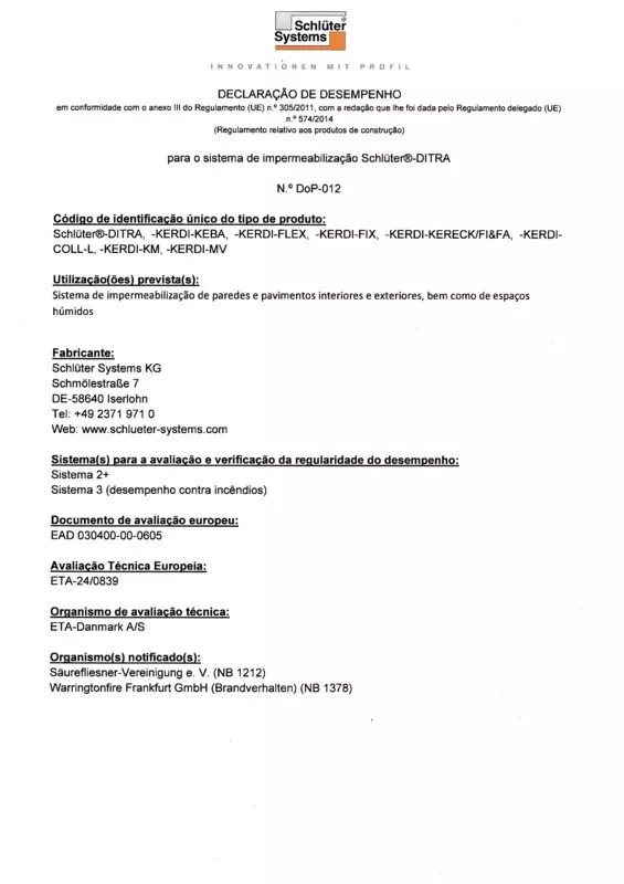 Schlüter-DITRA DoP-012 - Declaração de Desempenho