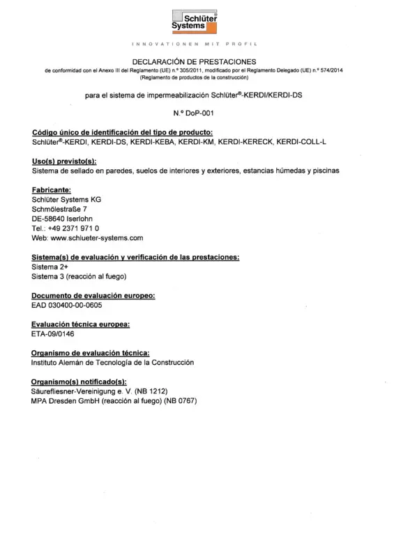 Schlüter-KERDI - Declaración de prestaciones