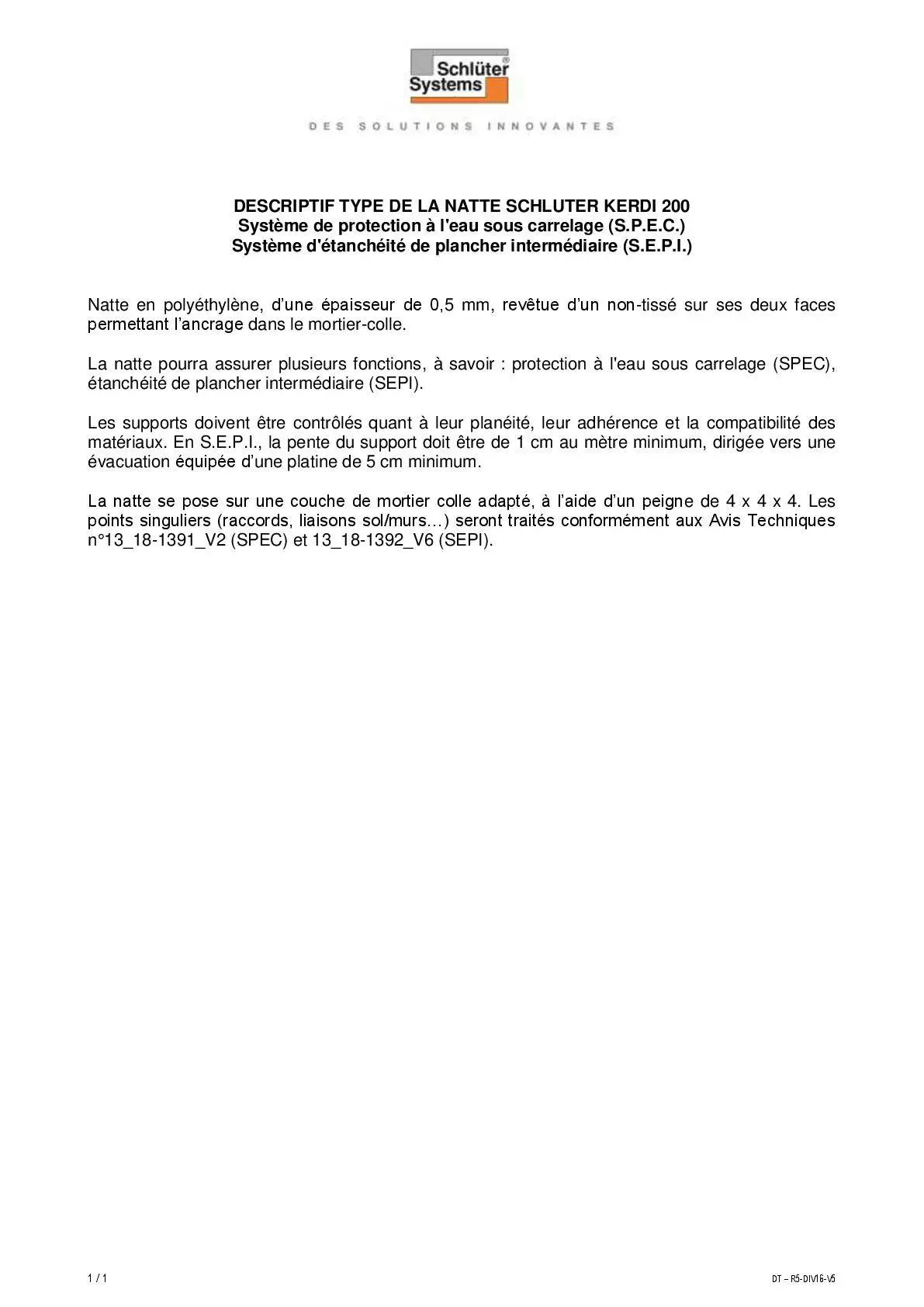 Schlüter-KERDI – Descriptif type R5-DIV16-V6