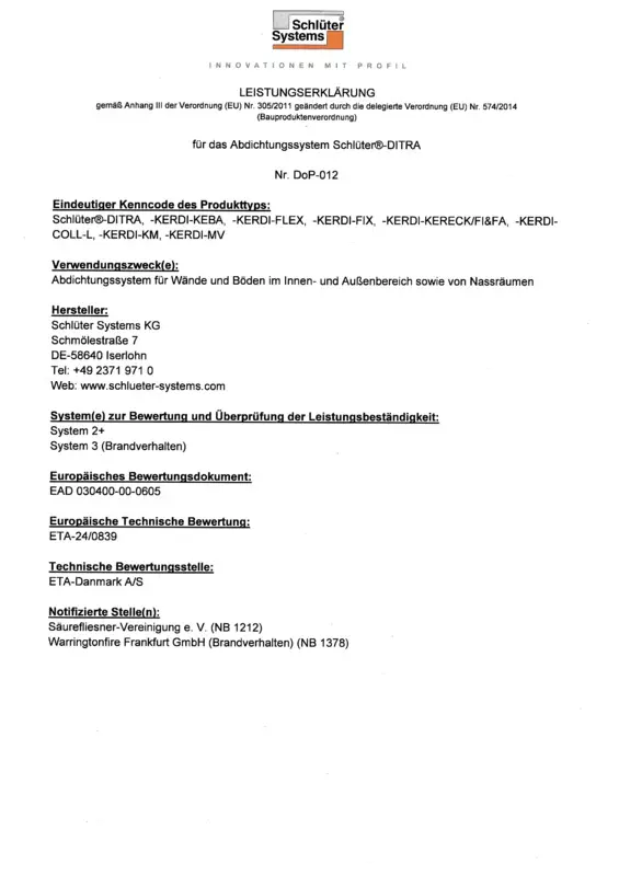 Schlüter-DITRA DoP-012 - Leistungserklärung
