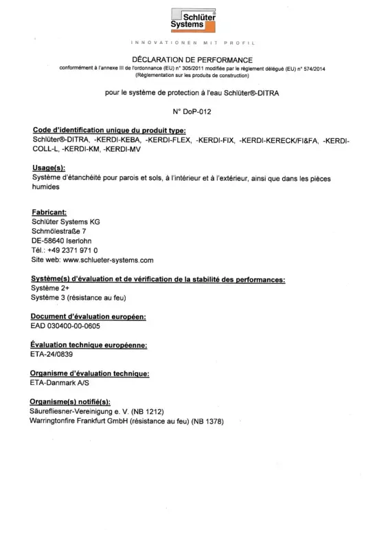 Schlüter-DITRA DoP-012 - Déclaration de performances