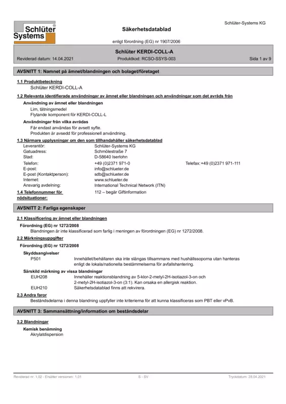 Schlüter-KERDI-COLL-A - Säkerhetsdatablad