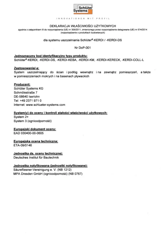 Schlüter-KERDI - Deklaracja właściwości użytkowych
