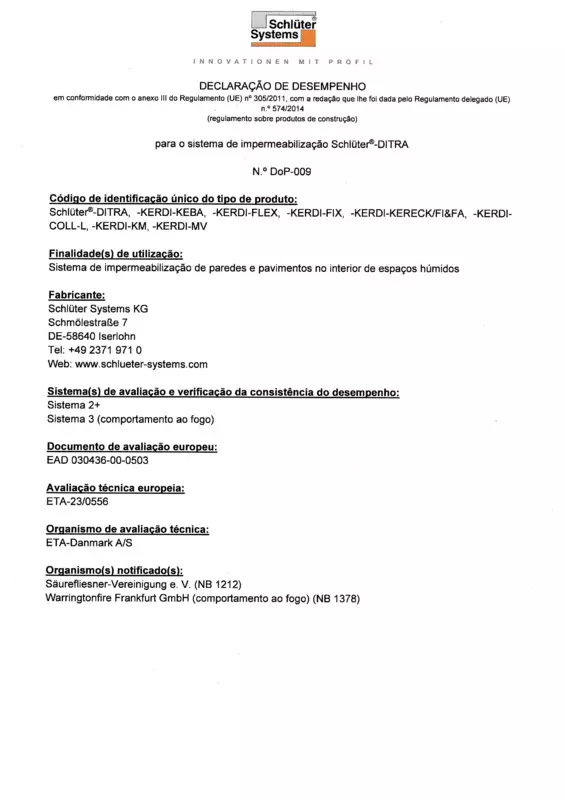 Schlüter-DITRA DoP-009 - Declaração de Desempenho