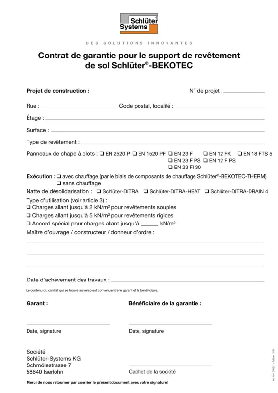 Contrat de garantie pour Schlüter-BEKOTEC