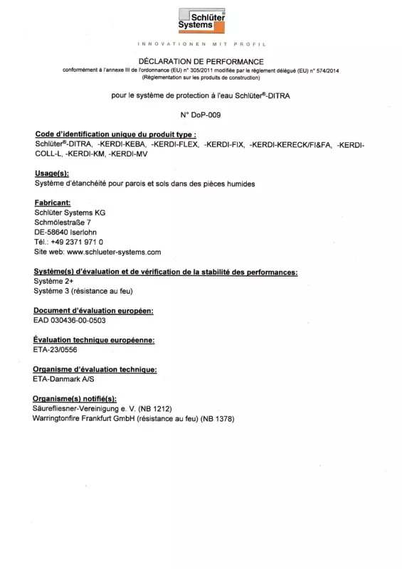 Schlüter-DITRA DoP-009 - Déclaration de performances