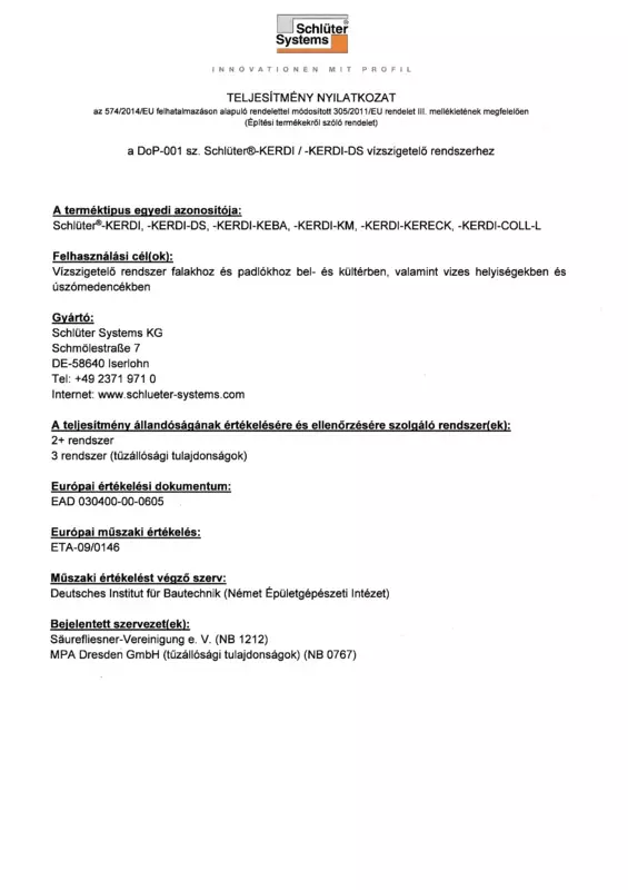 Schlüter-KERDI - Teljesítménynyilatkozat