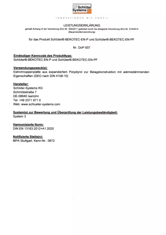 Schlüter-BEKOTEC-EN-P /-EN-PF DoP-007 – Leistungserklärung