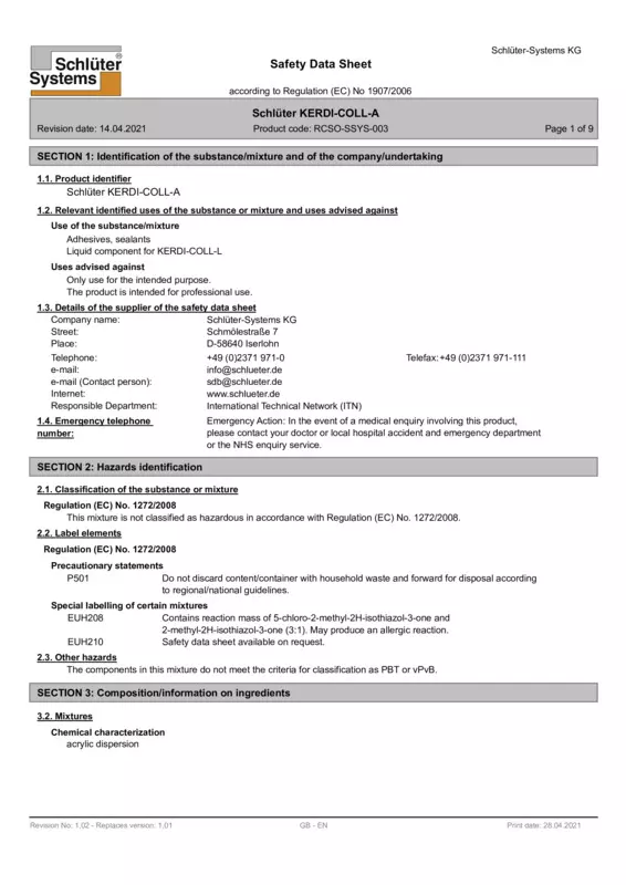 Schlüter-KERDI-COLL-A - Safety data sheet