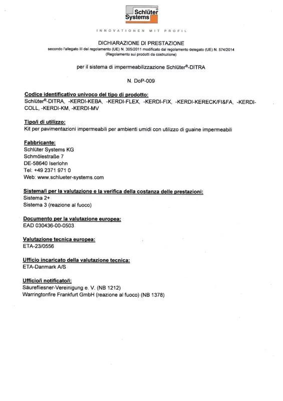 Schlüter-DITRA DoP-009 - Dichiarazione di Prestazione