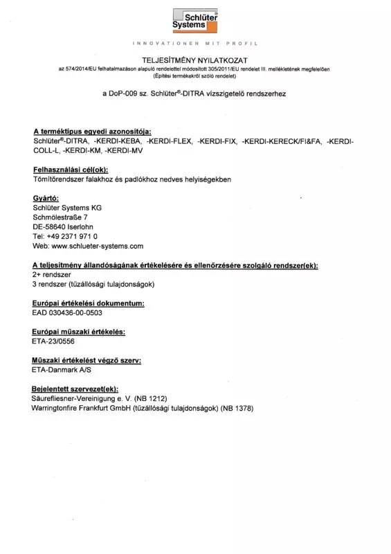 Schlüter-DITRA DoP-009 - Teljesítménynyilatkozat