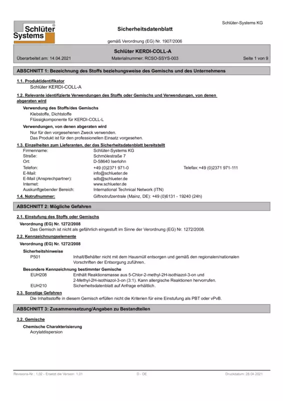 Schlüter-KERDI-COLL-A - Sicherheitsdatenblatt