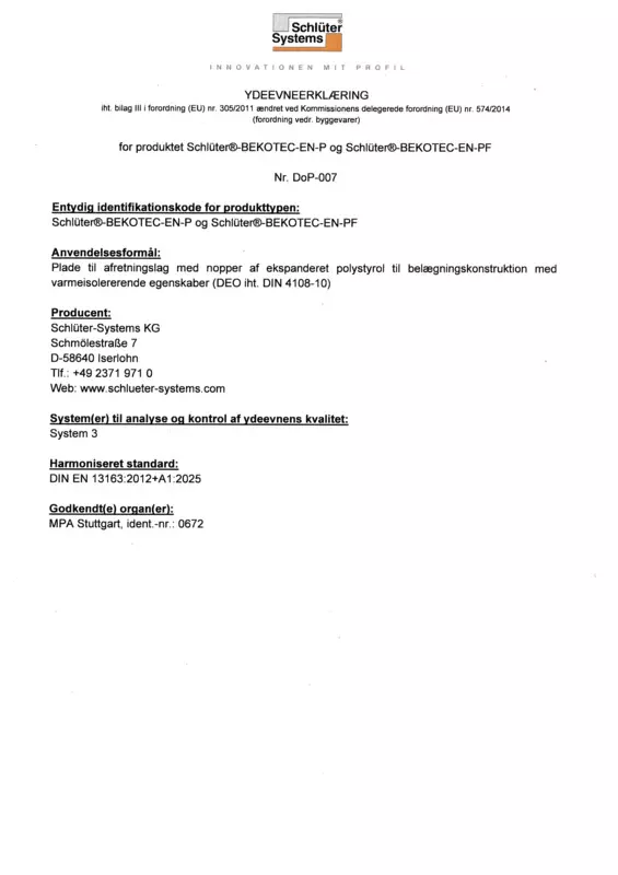 Schlüter-BEKOTEC-EN-P /-EN-PF DoP-007 – Ydeevneerklæring