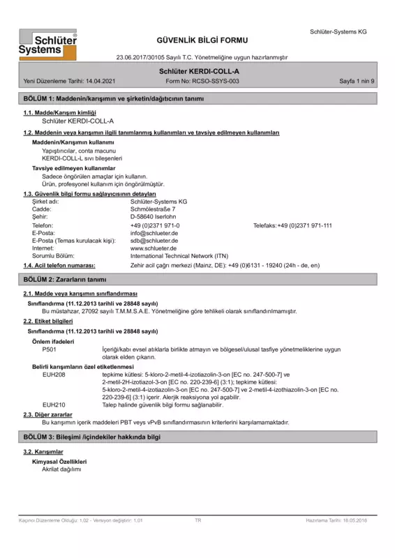 Schlüter-KERDI-COLL-A - Güvenlik bilgi formu