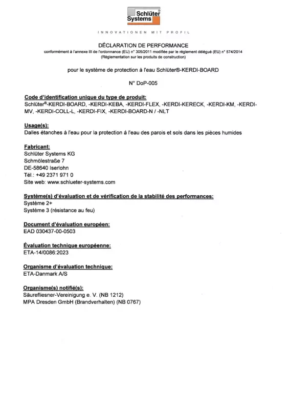 Schlüter-KERDI-BOARD - Déclaration de performances