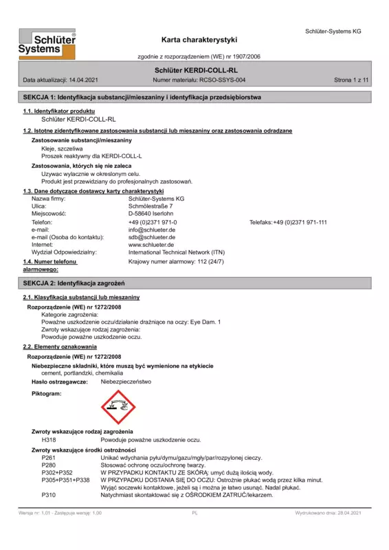 Schlüter-KERDI-COLL-RL - Karta charakterystyki