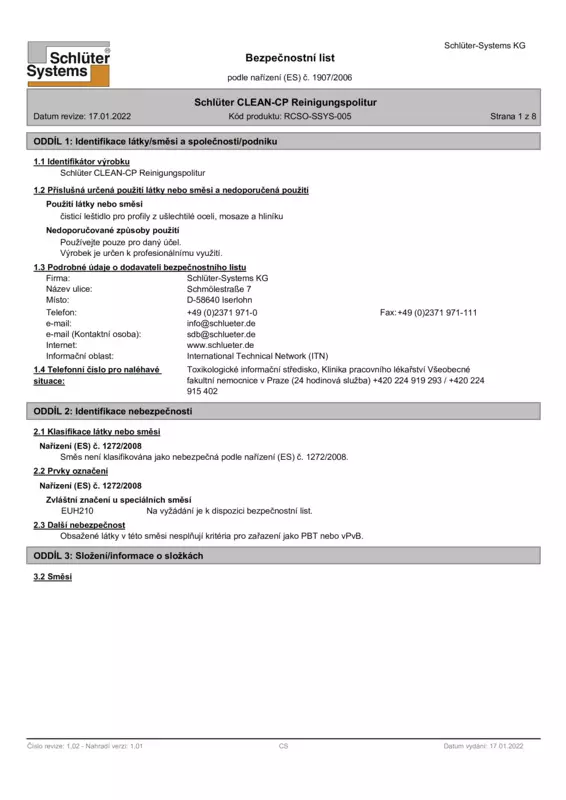 Schlüter-CLEAN-CP – Bezpečnostní list