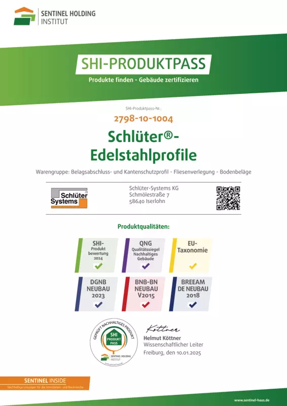 Schlüter-Edelstahlprofile - SHI-Produktpass