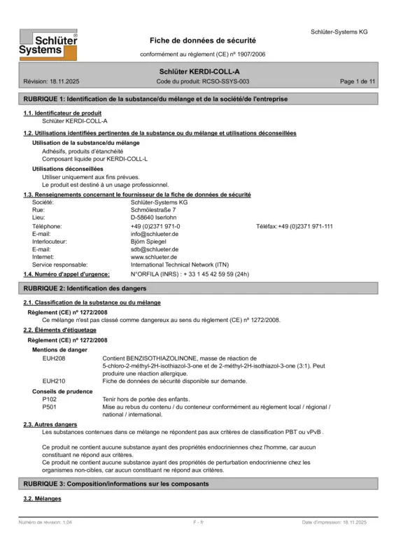 Schlüter-KERDI-COLL-A liquide – Fiche de données de sécurité