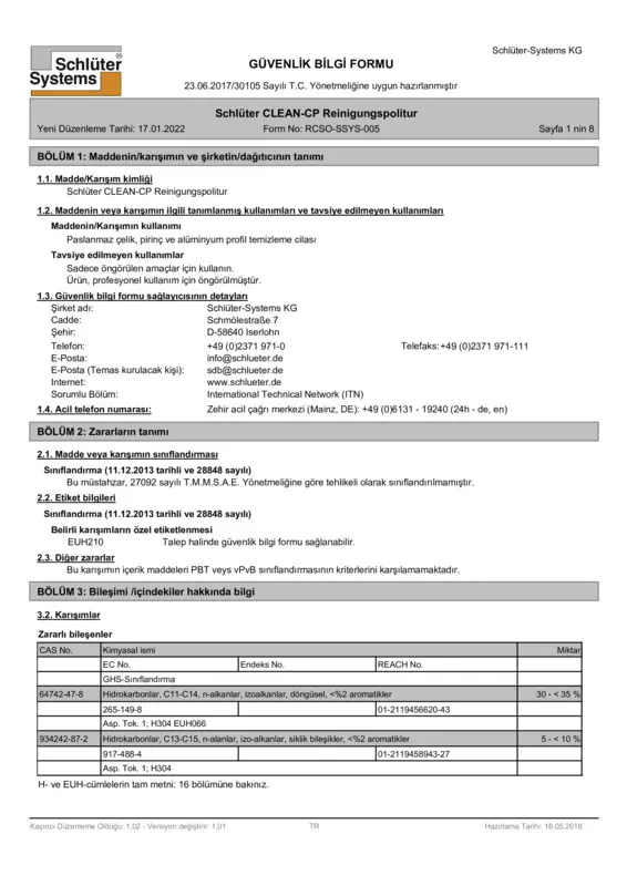 Schlüter-CLEAN-CP - Güvenlik bilgi formu