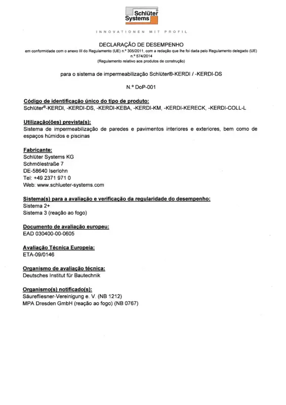 Schlüter-KERDI - Declaração de Desempenho