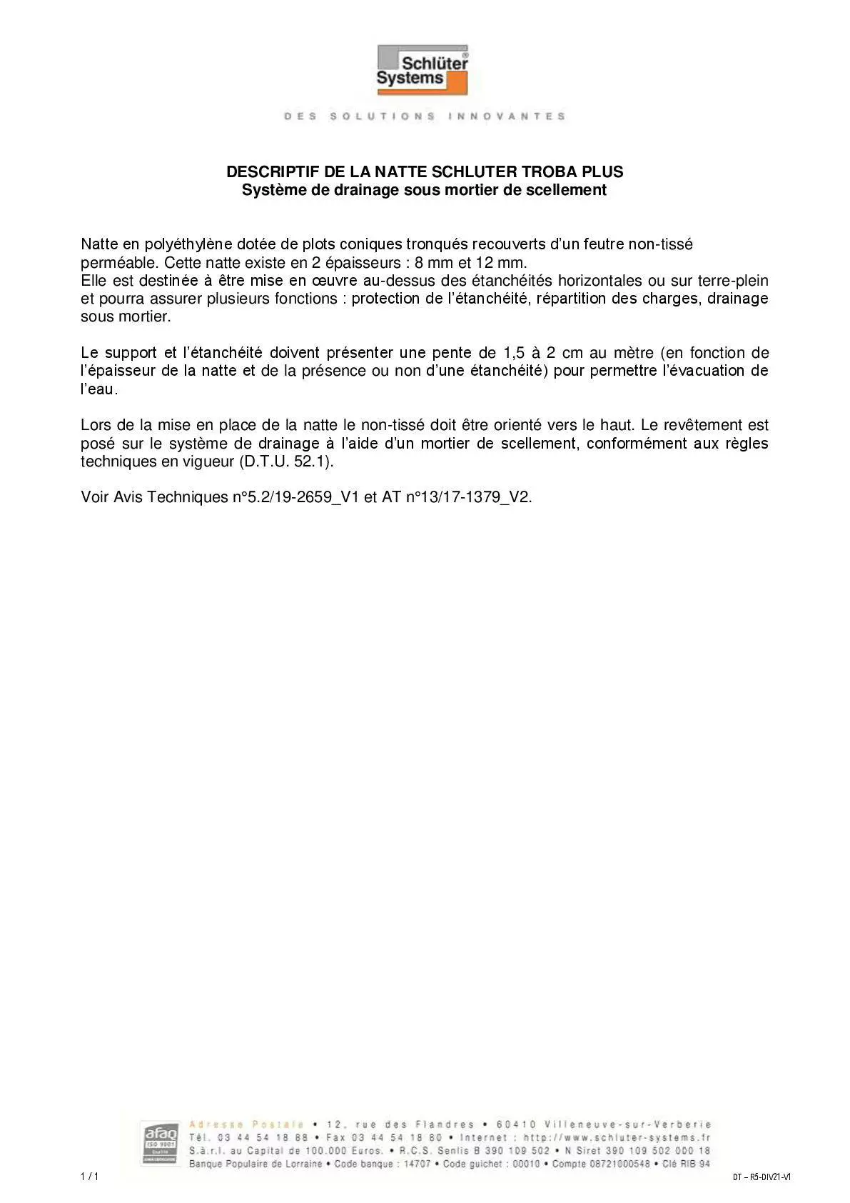Schlüter-TROBA-PLUS – Descriptif type DIV21-V3
