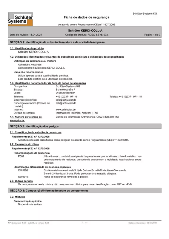 Schlüter-KERDI-COLL-A - Ficha de dados de segurança
