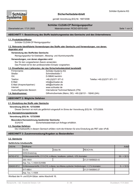 Schlüter-CLEAN-CP - Sicherheitsdatenblatt