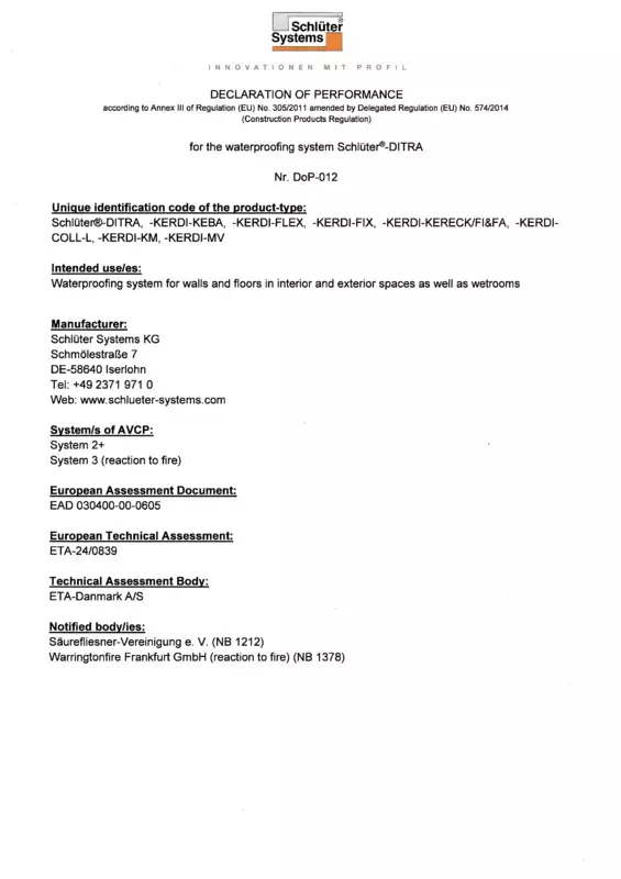 Schlüter-DITRA DoP-012 - Declaration of performance
