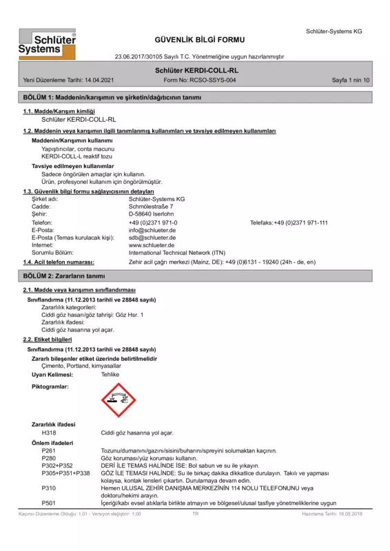 Schlüter-KERDI-COLL-RL - Güvenlik bilgi formu