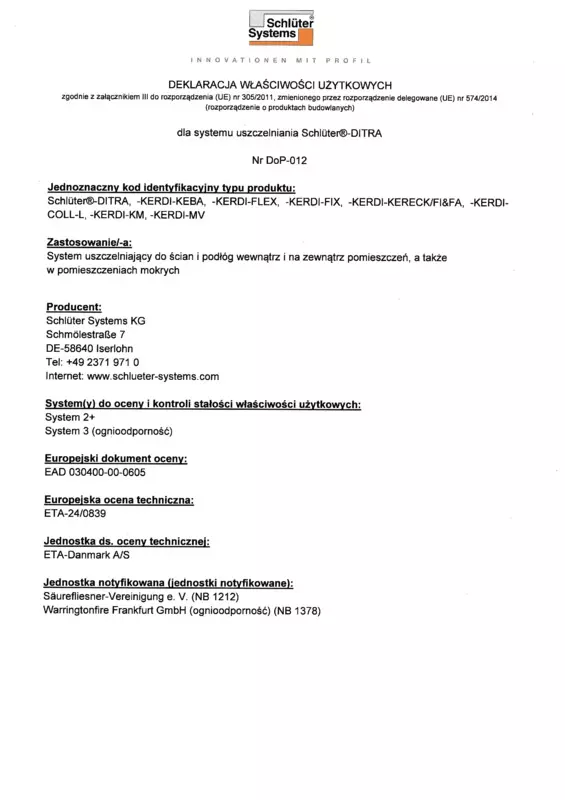 Schlüter-DITRA DoP-012 - Deklaracja właściwości użytkowych