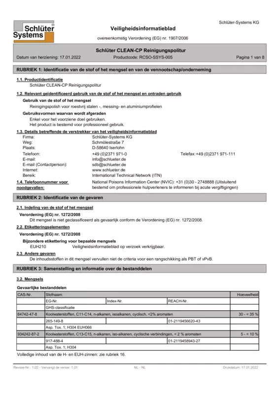 Schlüter-CLEAN-CP - Veiligheidsinformatieblad