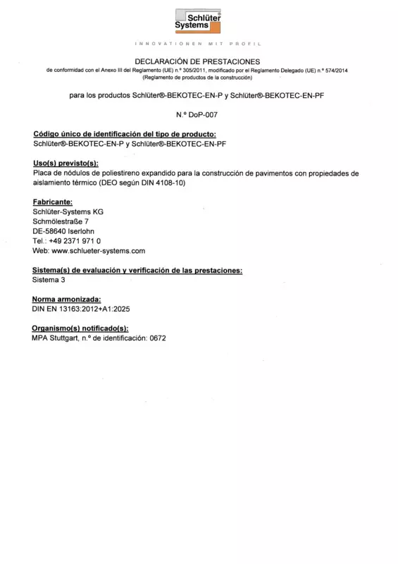 Schlüter-BEKOTEC-EN-P /-EN-PF DoP-007 – Declaratión de prestaciones
