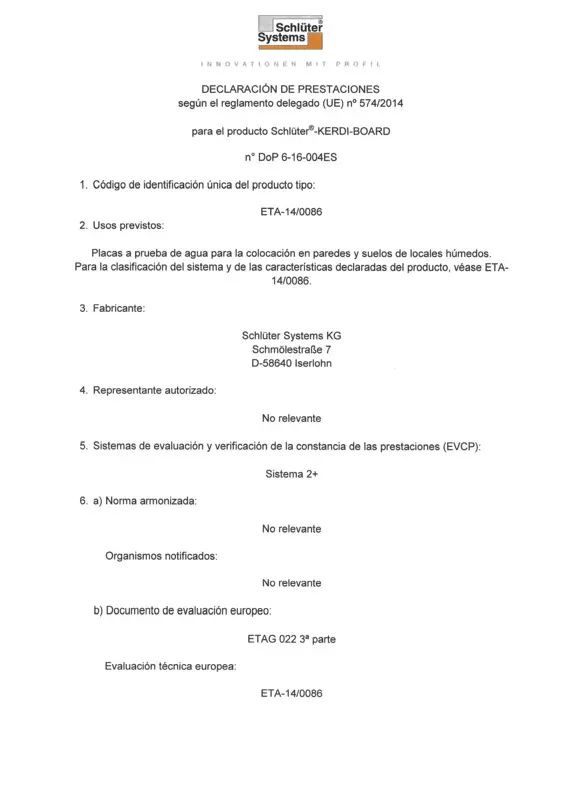 Schlüter-KERDI-BOARD - Declaración de prestacione