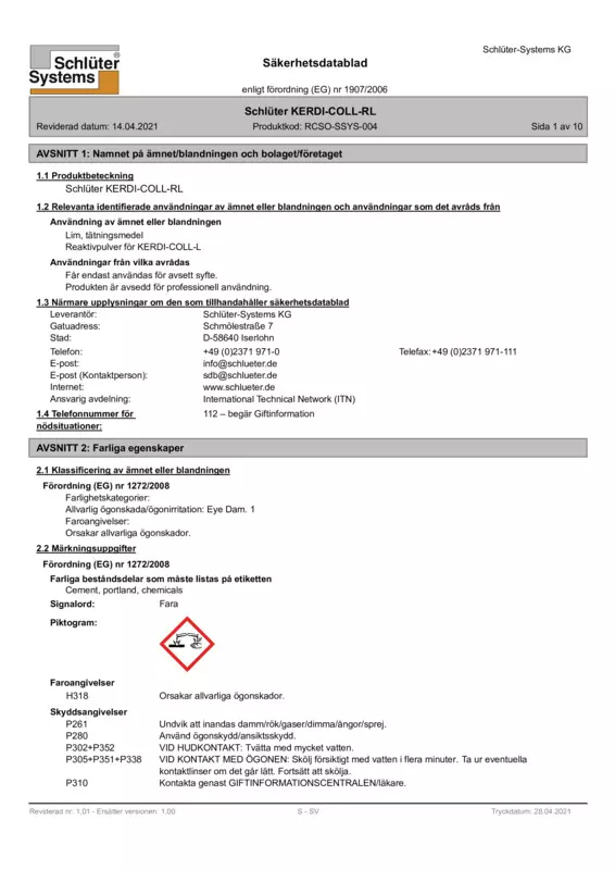 Schlüter-KERDI-COLL-RL - Säkerhetsdatablad