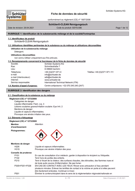 Schlüter-CLEAN - Fiche de données de sécurité