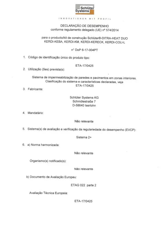 Schlüter-DITRA-HEAT-DUO - Declaração de Desempenho
