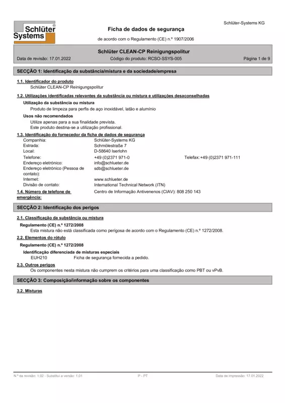 Schlüter-CLEAN-CP - Ficha de dados de segurança