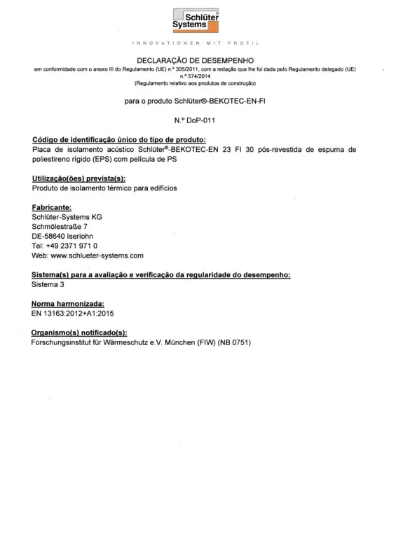 Schlüter-BEKOTEC-EN-FI DoP-011 – Declaração de Desempenho