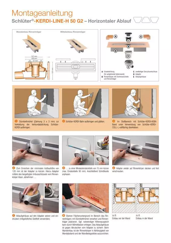 Schlüter-KERDI-LINE-H 50 G2 - Horizontale afvoer | Montagehandleiding